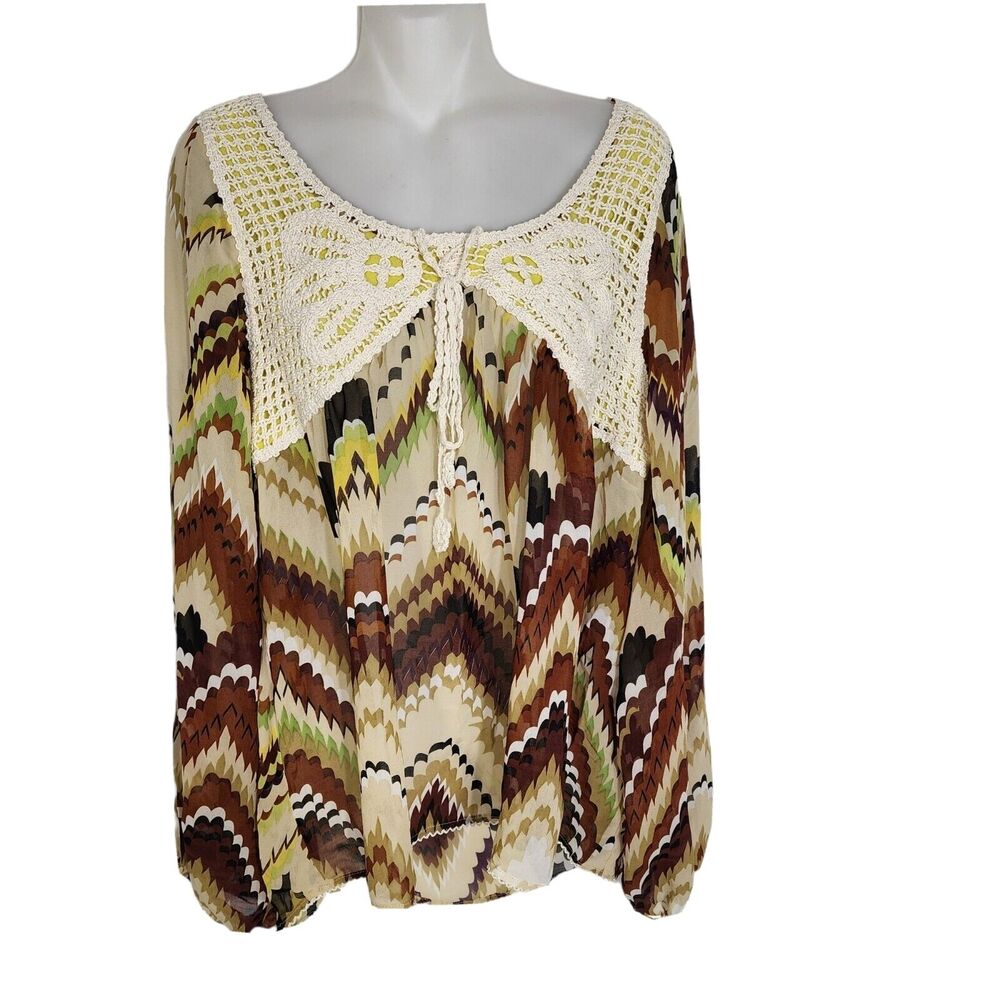 Umgee Womens Tunic Top Large Boho Peasant Crochet Flare Sleeve Tie Neck Aztec